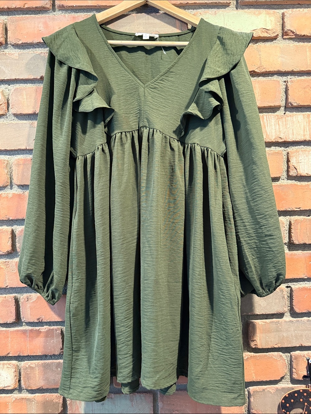 Newbury Kustom Olive Ruffle V-Neck Mini Dress Babydoll Dress